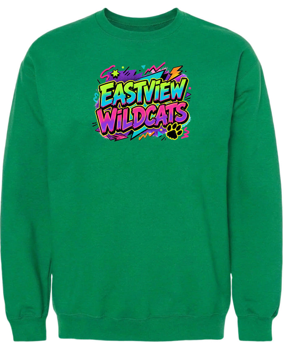 A bright green sweatshirt with a colorful graphic design on the front.