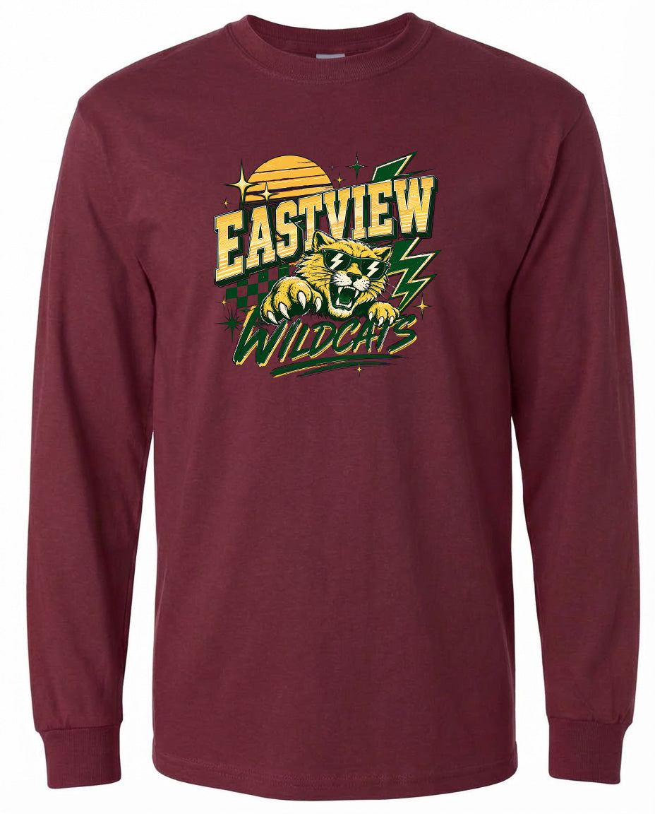 A burgundy long-sleeved t-shirt with a graphic design featuring a tiger and the text "EASTVIEW WILDCATS" printed on it.
