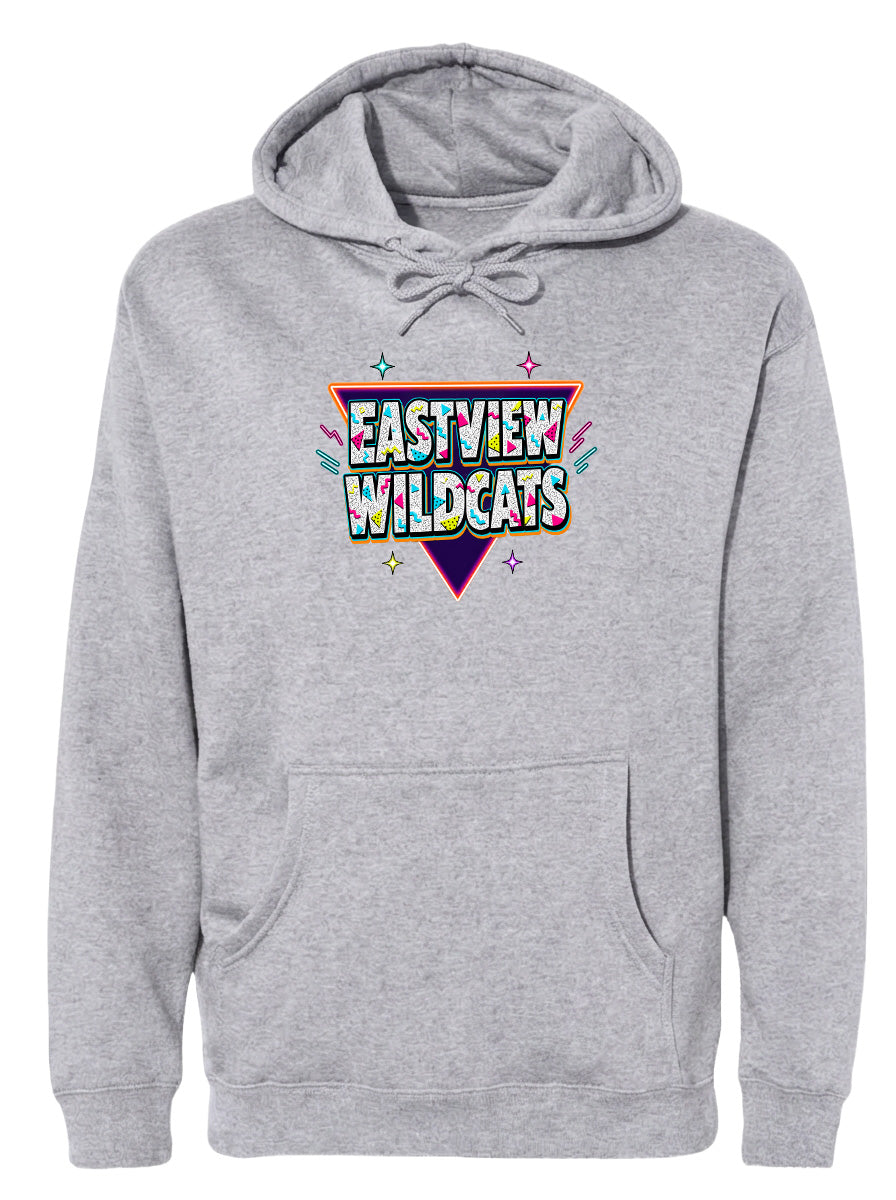 A gray hoodie with a graphic design featuring the text "EASTVIEW WILDCATS" in a colorful, retro-style font.