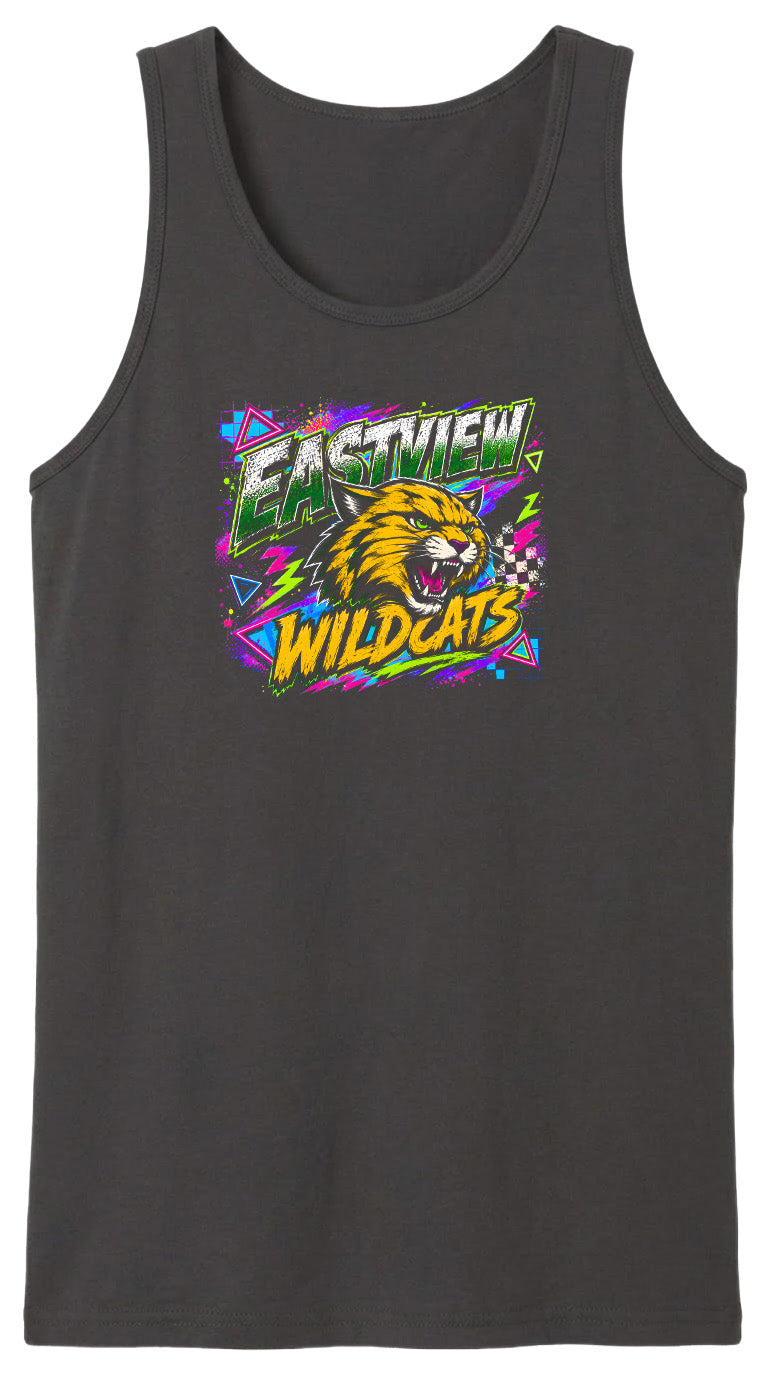 A black tank top with a graphic design featuring a yellow and orange wildcat's head surrounded by colorful geometric shapes and text.