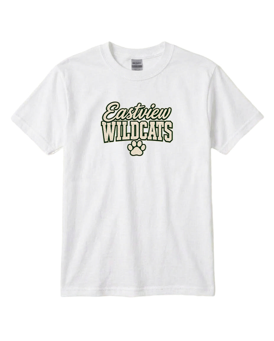A white t-shirt with the text "Eastview Wildcats" printed on it.