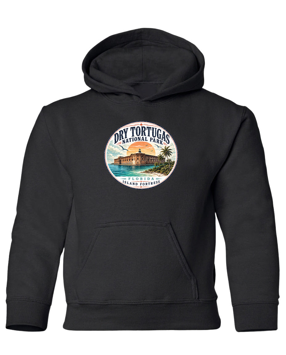 A black hoodie with a circular logo featuring a tropical island and palm trees, along with the text "Dry Tortugas National Park, Florida Island, Port St. Lucie".