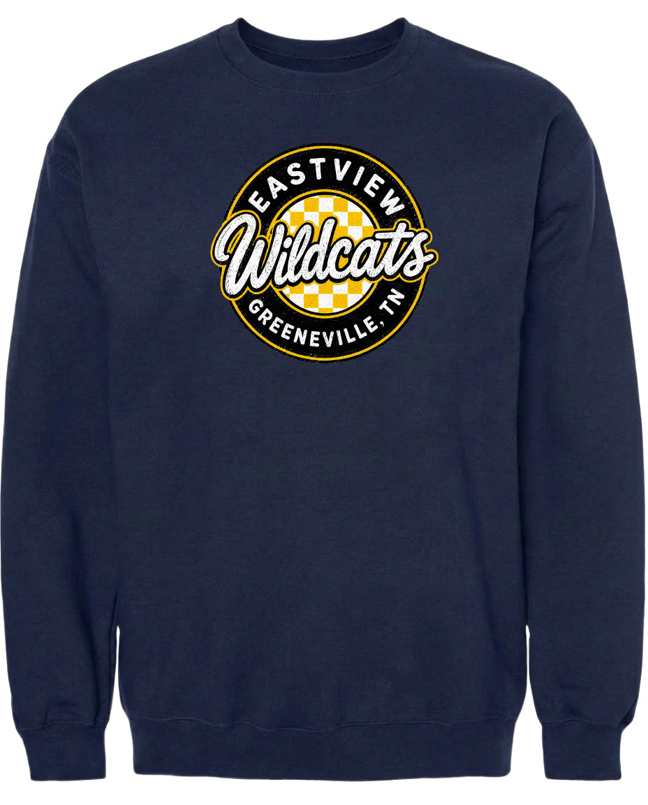 A navy blue sweatshirt with a graphic design featuring the text "EASTVIEW WILDCATS GREENEVILLE TENN".