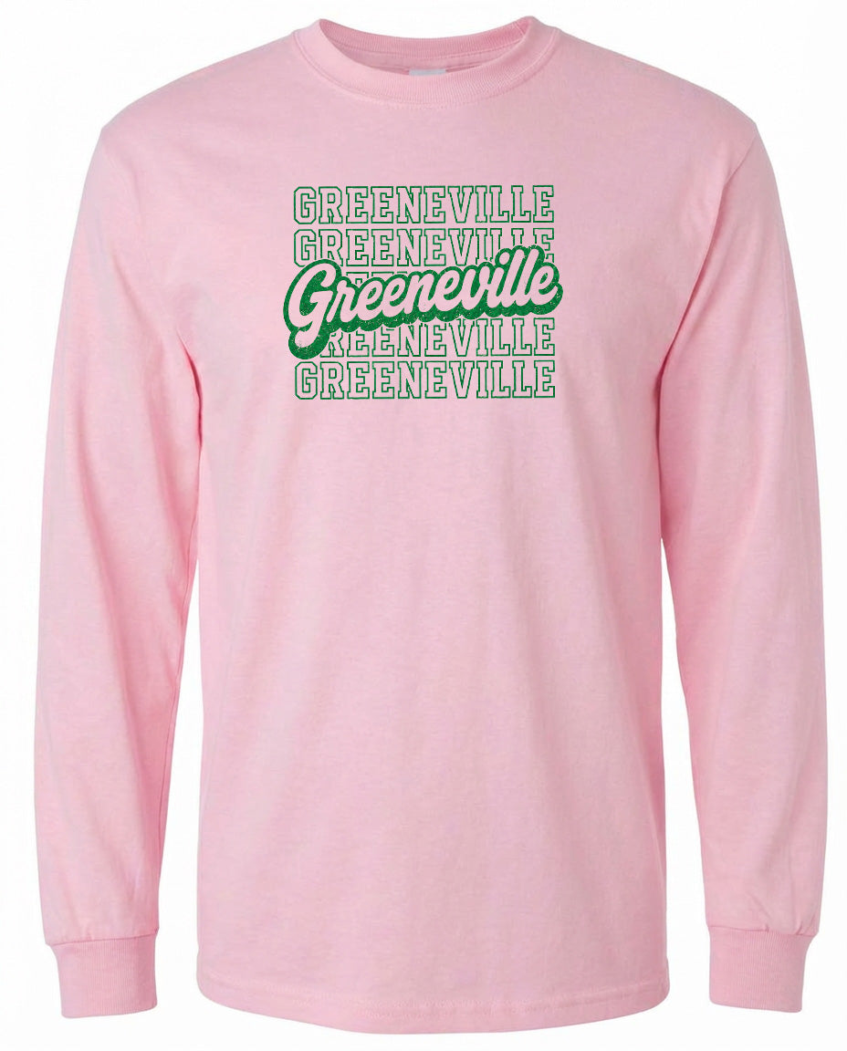 A pink long-sleeved shirt with the text "Greeneville Greeneville Greeneville" printed on it in green and white.