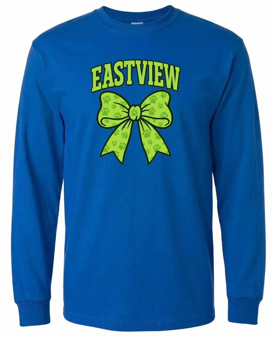 A blue long-sleeved t-shirt with a yellow bow and the word "EASTVIEW" printed on it.