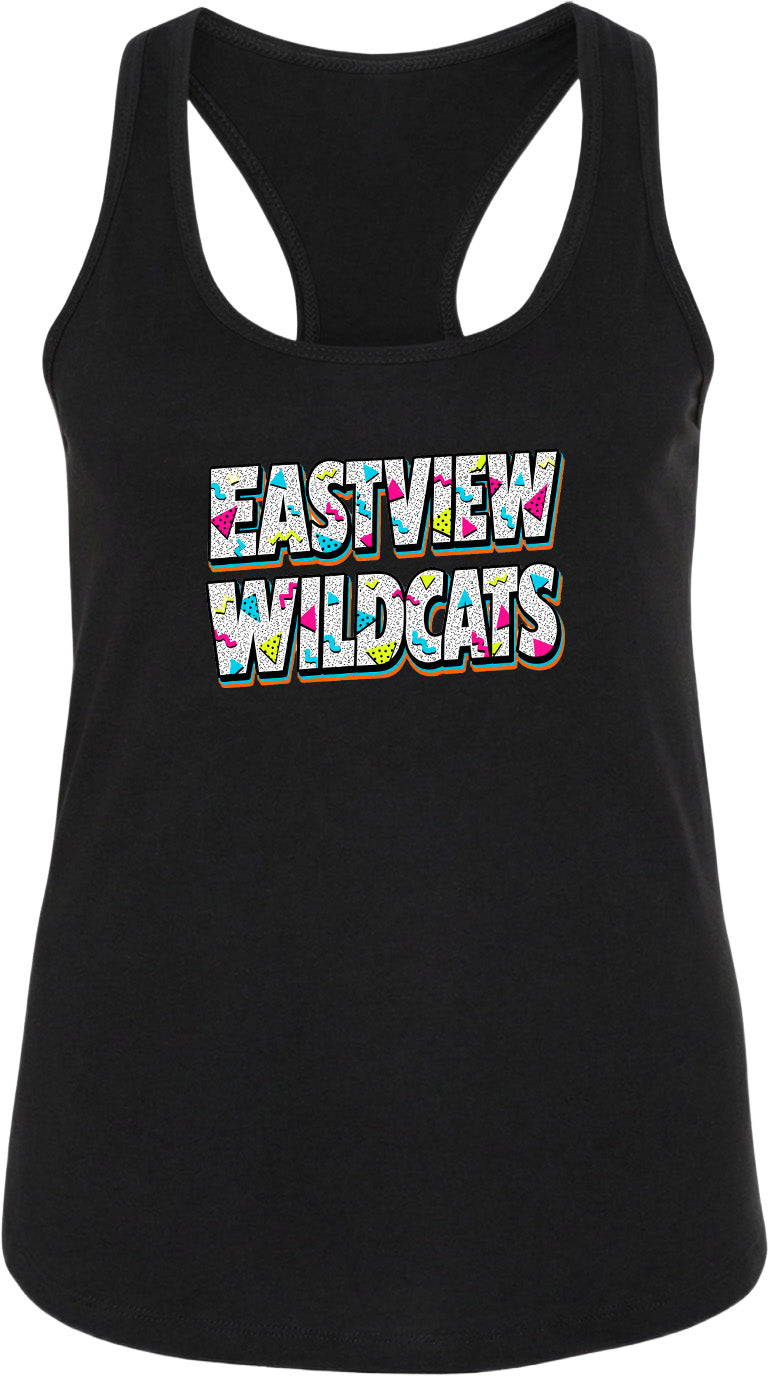 A black tank top with the text "EASTVIEW WILDCATS" printed on it in a colorful, stylized font.