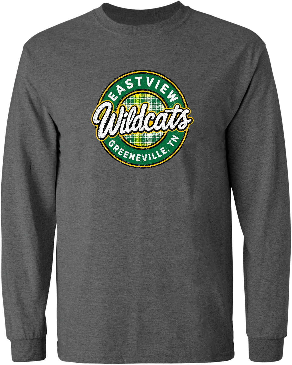 A gray long-sleeved shirt with a circular logo on the front. The logo features the text "EASTVIEW Wildcats GREENEVILLE TN" in a stylized font.