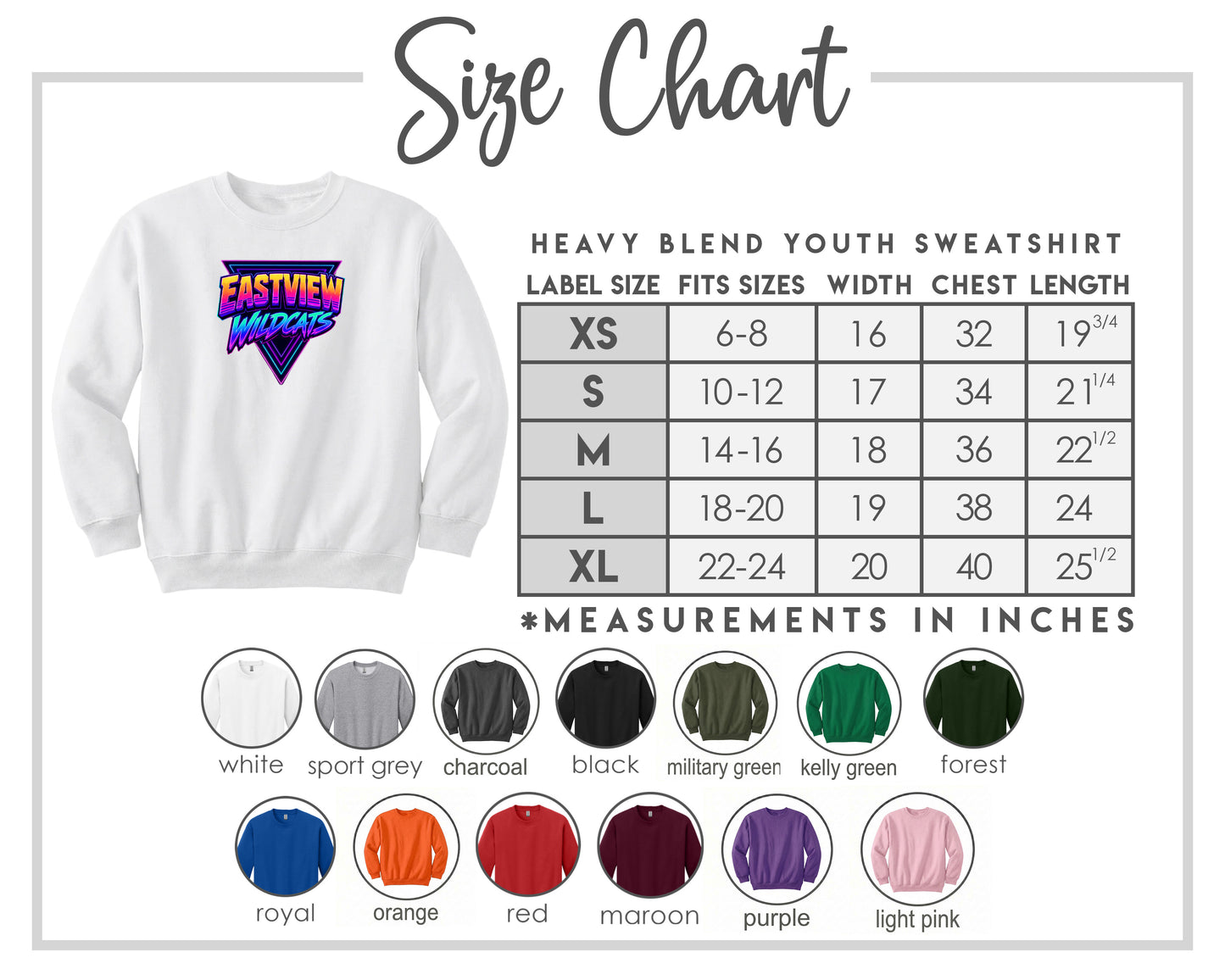 The image is a size chart for a heavy blend youth sweatshirt, including various color options and corresponding measurements in inches.