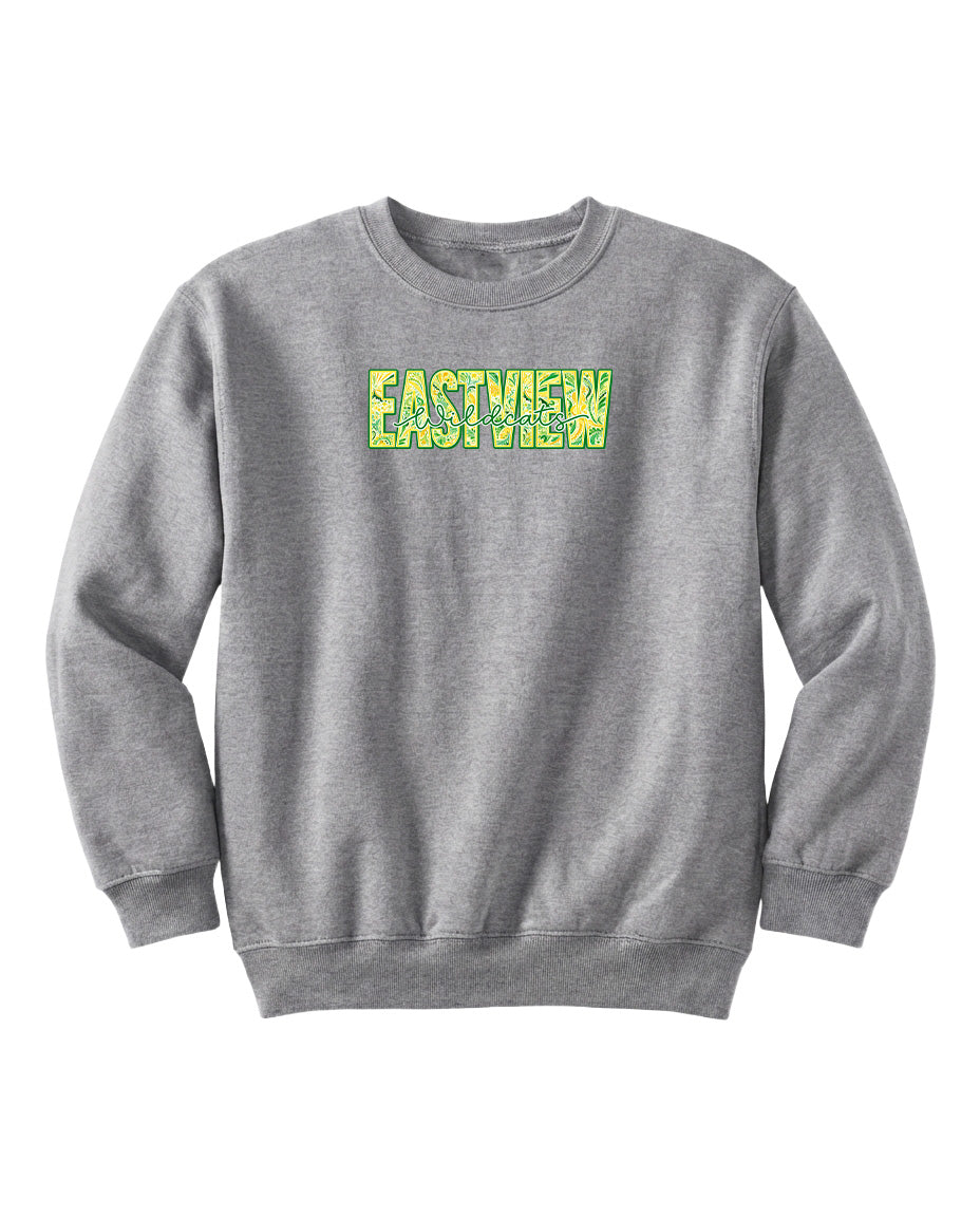 A gray sweatshirt with the word "EASTVIEW" printed in green letters across the chest.