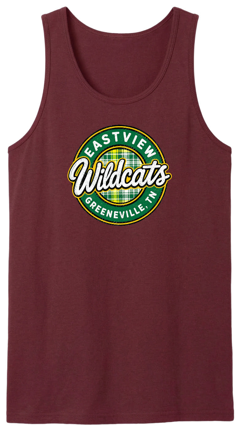 A burgundy tank top with a circular logo that says "Eastview Wildcats Greeneville, TN".