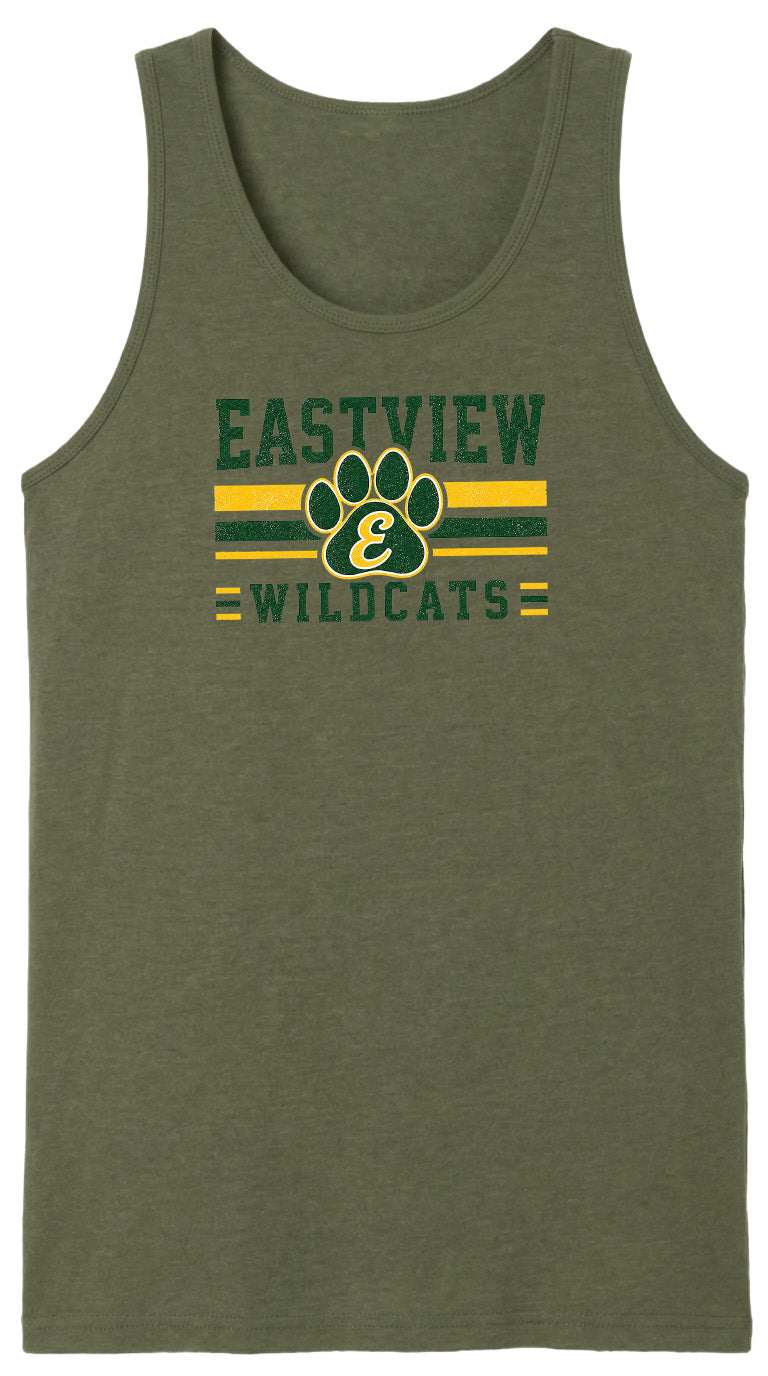 A green tank top with a graphic design featuring a paw print and the text "EASTVIEW WILDCATS".