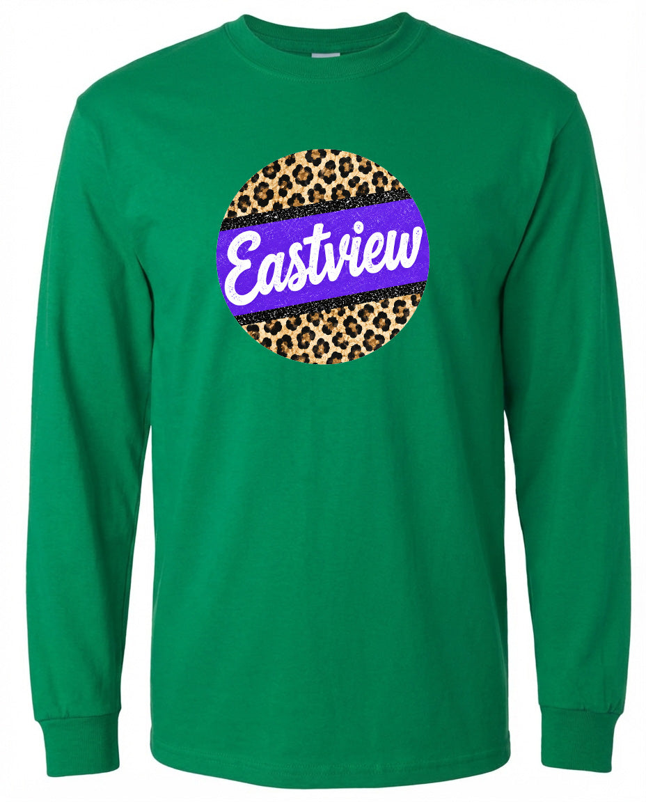 A green long-sleeved shirt with a leopard print design and the word "Eastview" printed on it.