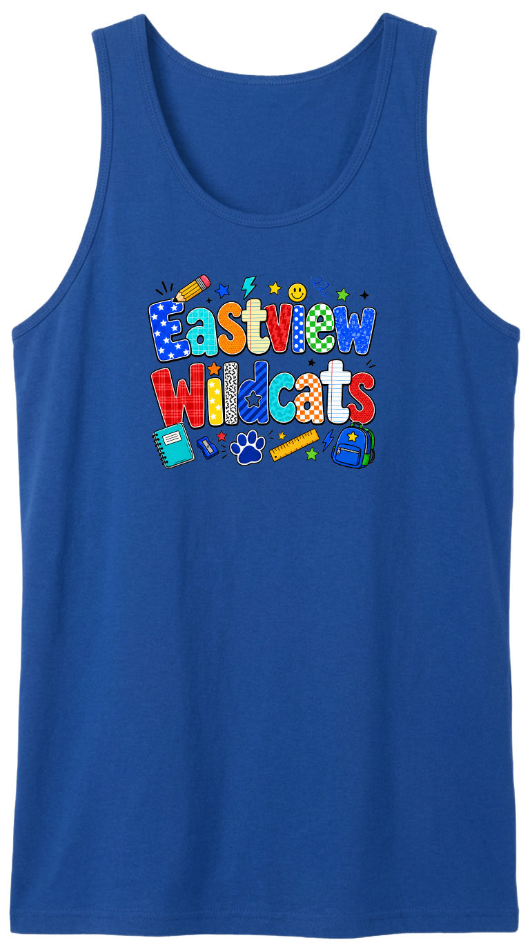 A blue tank top with the text "Eastview Wildcats" printed on it.