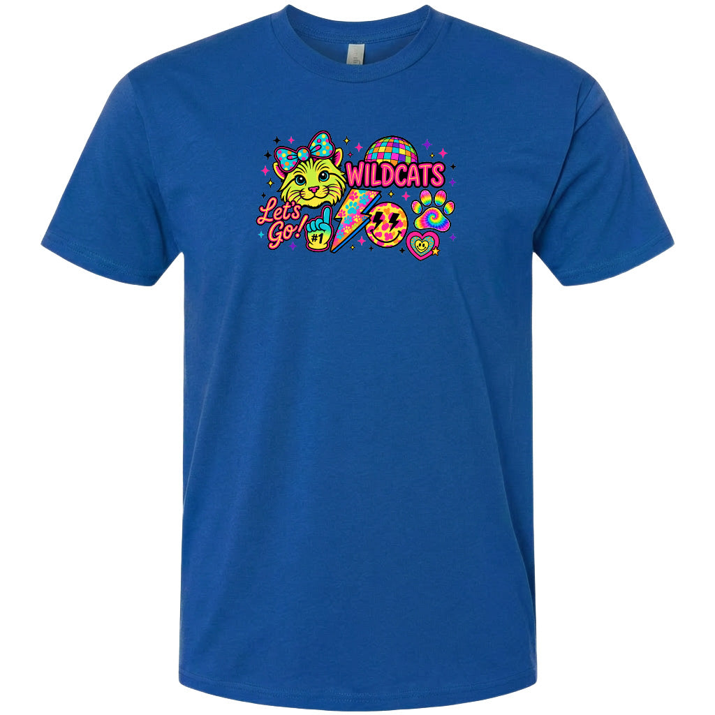 A blue t-shirt with a colorful graphic design featuring a cartoon cat, a rainbow, and the text "Wildcats" along with a peace sign and a smiley face.