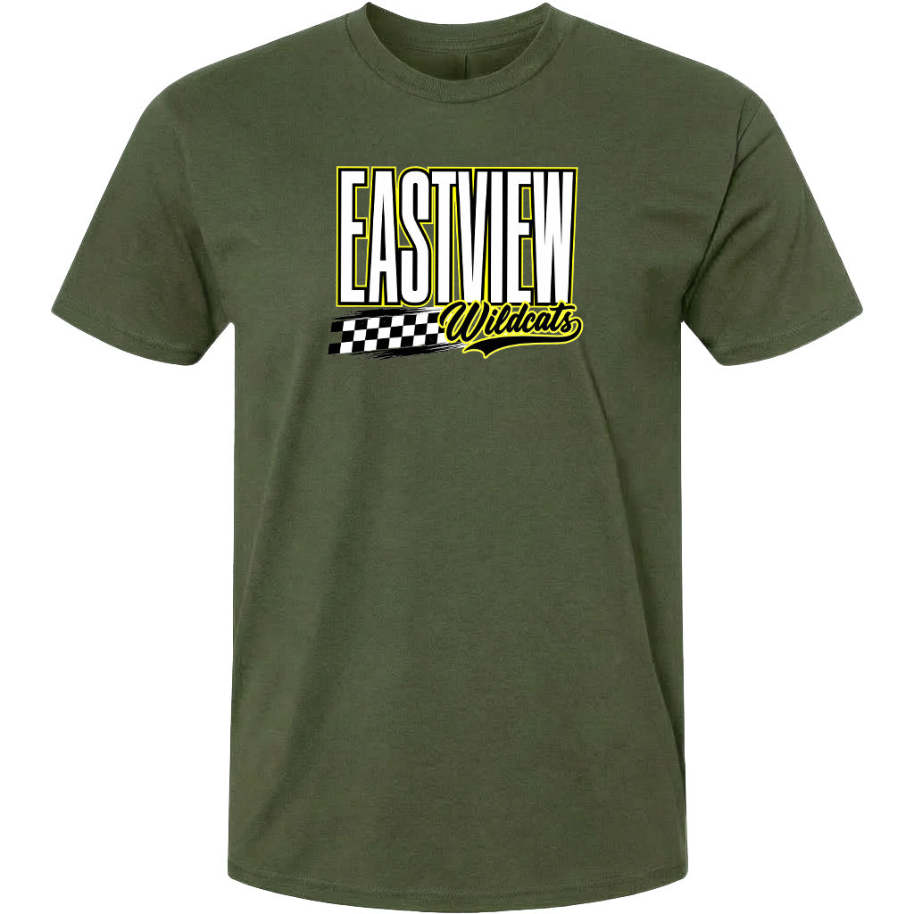 A green t-shirt with a graphic design featuring the text "EASTVIEW Wildcats" in a stylized font.