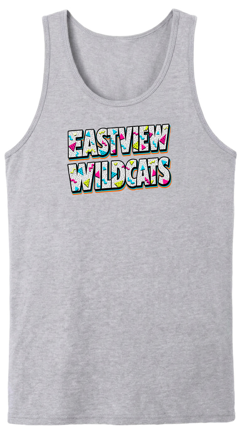 A gray tank top with the text "EASTVIEW WILDCATS" printed on it in a colorful, stylized font.