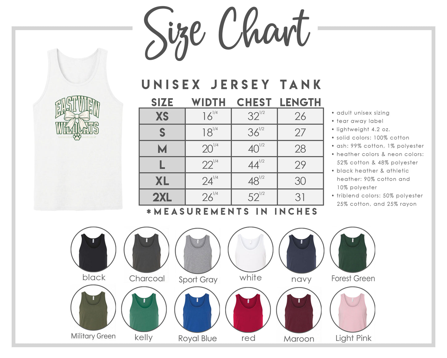 The image is a size chart for a unisex jersey tank, providing measurements and corresponding tank sizes for different chest lengths.