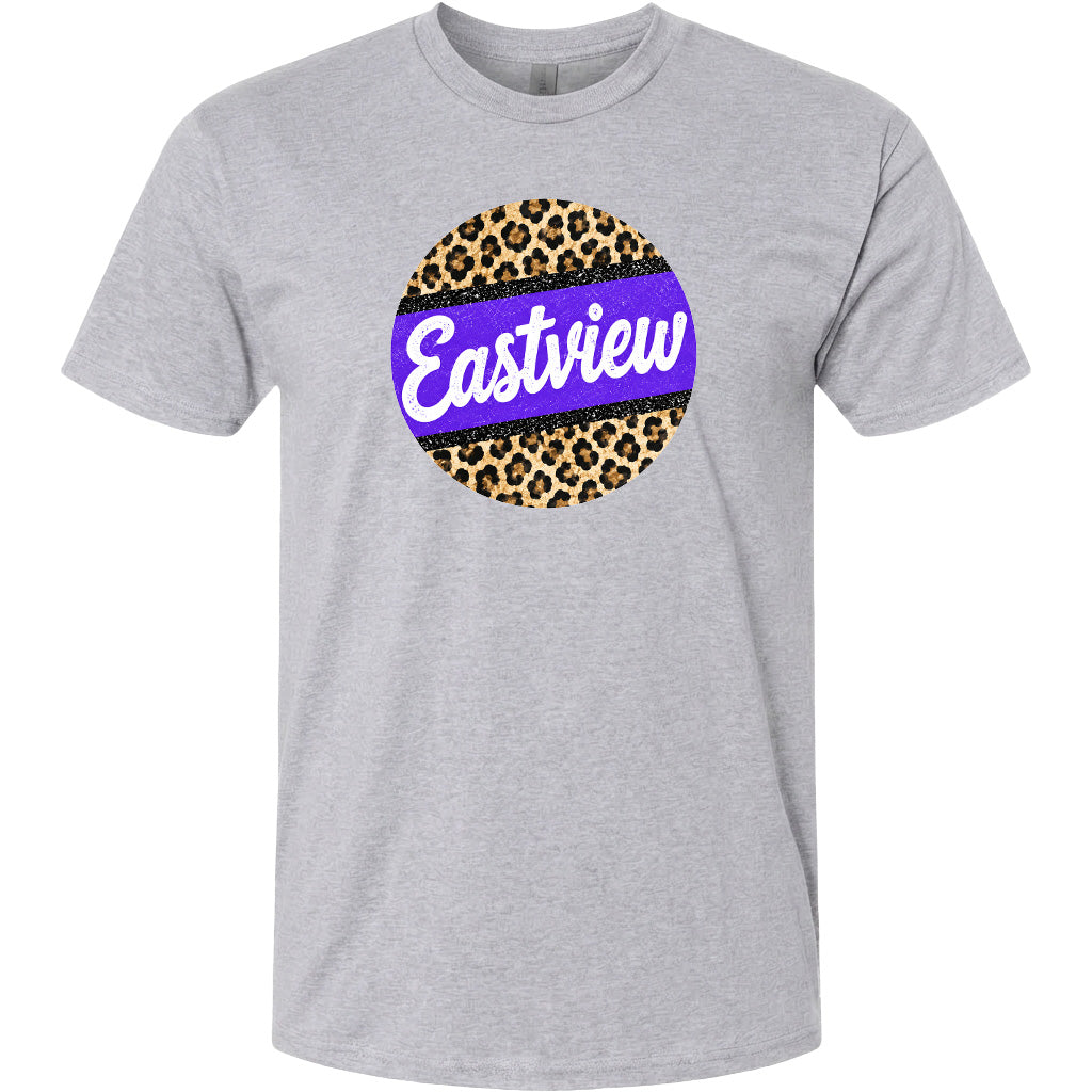 A gray t-shirt with a circular graphic design featuring a leopard print pattern and the word "Eastview" written in white cursive text.
