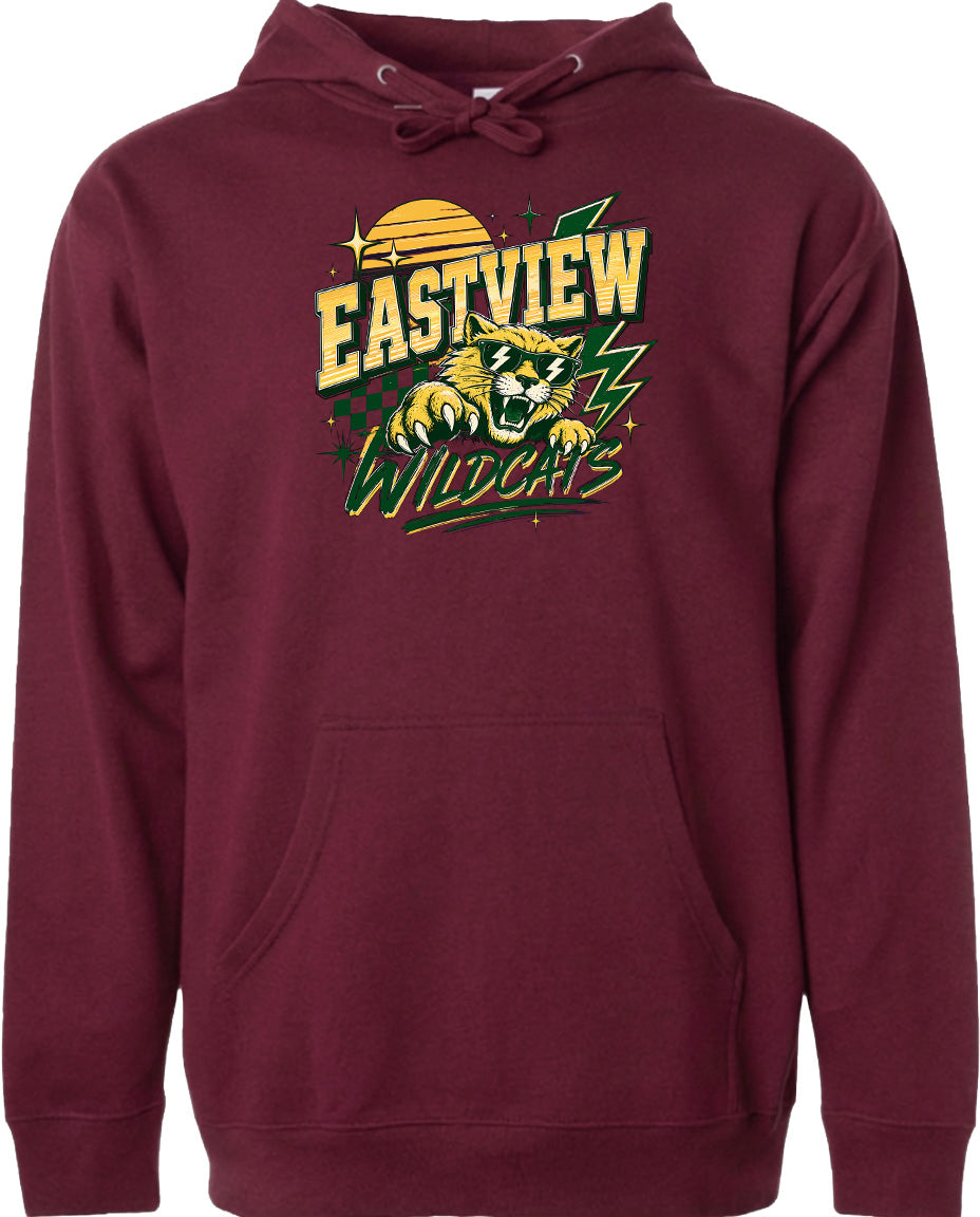 A burgundy-colored hoodie with a graphic design featuring a tiger and the text "EASTVIEW WILDCATS" printed on it.