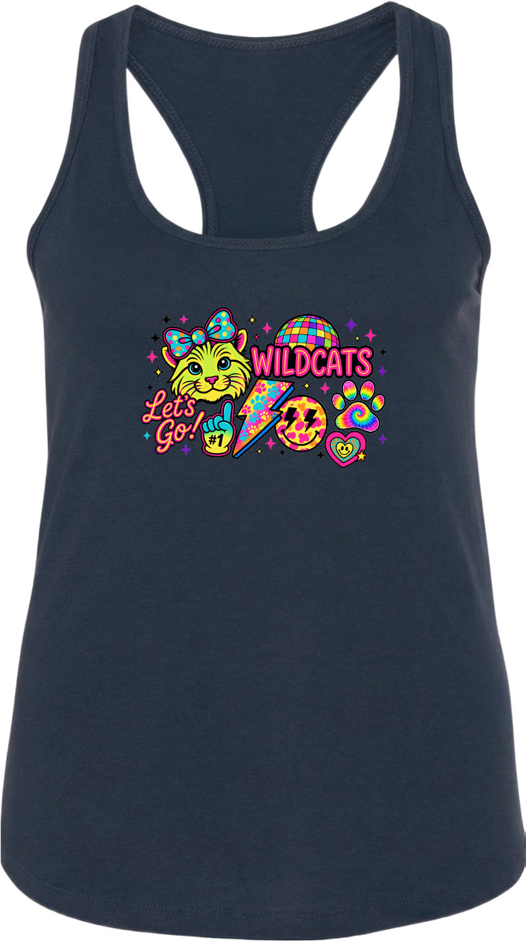 A black tank top with a colorful graphic design featuring a cat, a peace sign, and the text "Wildcats" along with a rainbow-colored lightning bolt.
