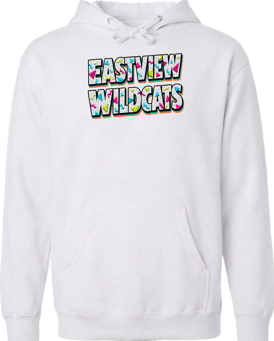 A white hoodie with a colorful graphic design on the front.