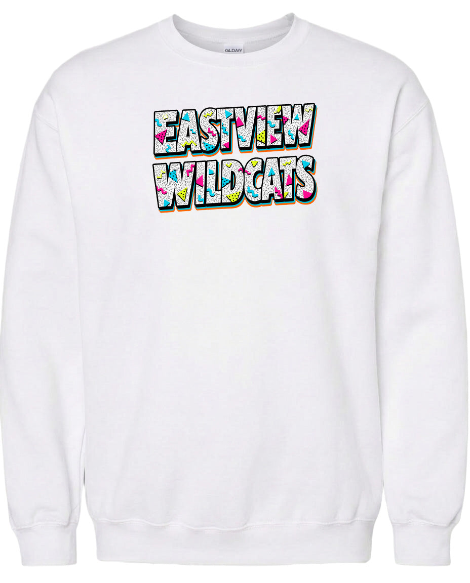 A white sweatshirt with the text "EASTVIEW WILDCATS" printed on it in a colorful, stylized font.