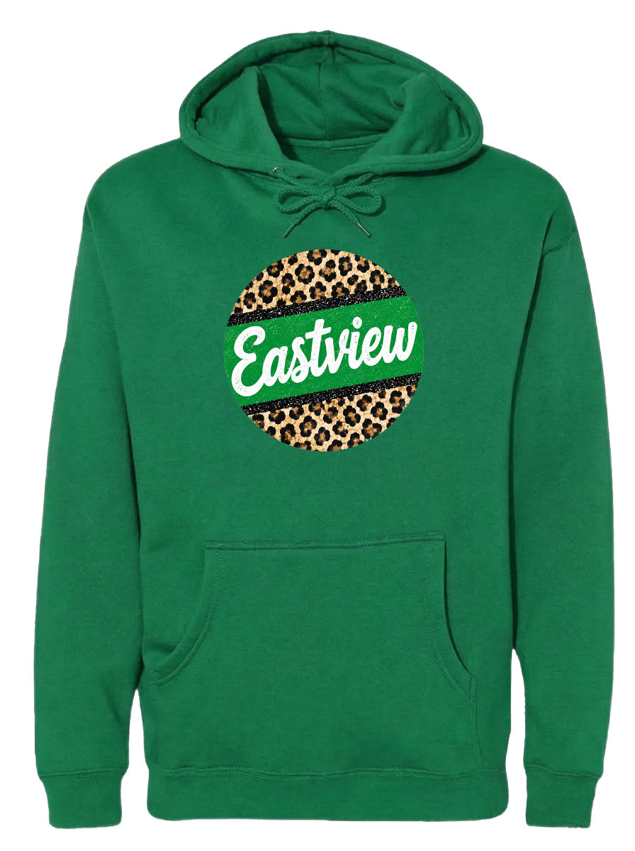 A green hoodie with a leopard print design and the word "Eastview" printed on it.