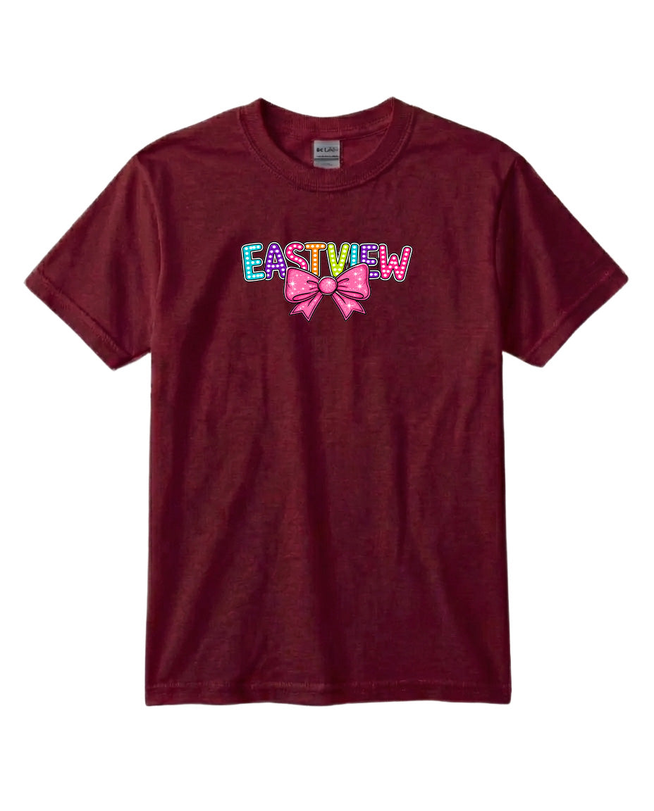 A burgundy-colored t-shirt with the text "EASTVIEW" printed on it in a colorful, stylized font.