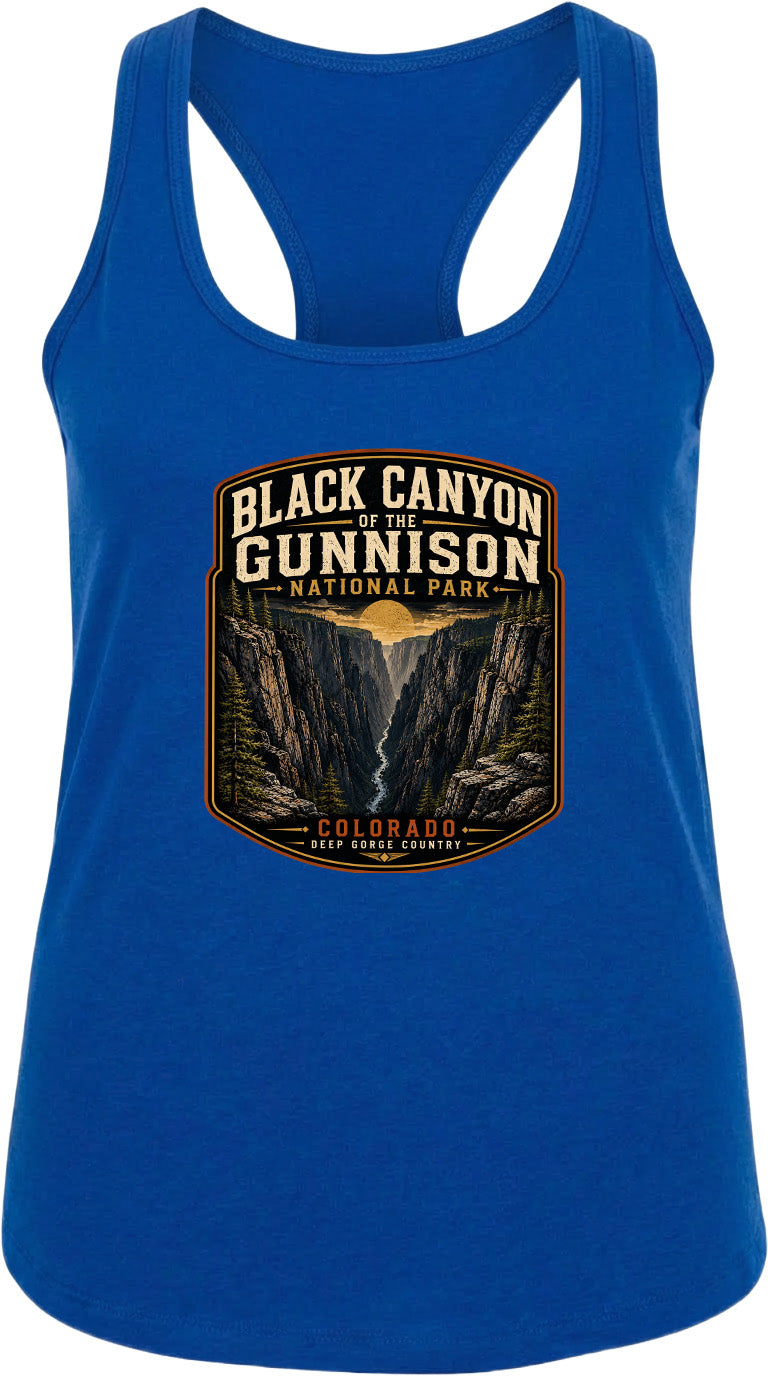 A blue tank top with a graphic design depicting the Black Canyon of the Gunnison National Park in Colorado.