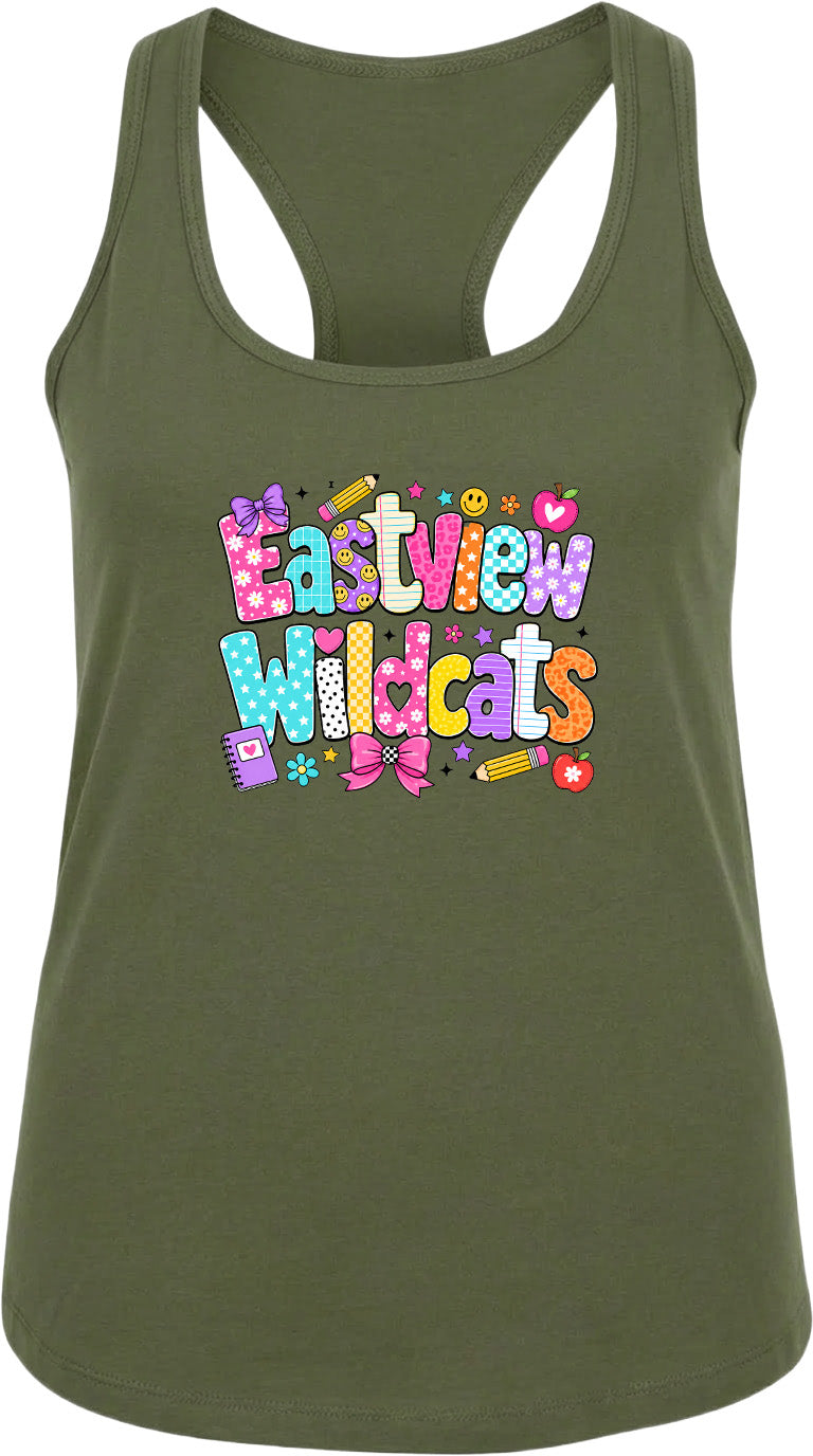 A green tank top with a colorful graphic design featuring the text "Eastview Wildcats" and various decorative elements such as hearts, pencils, and flowers.