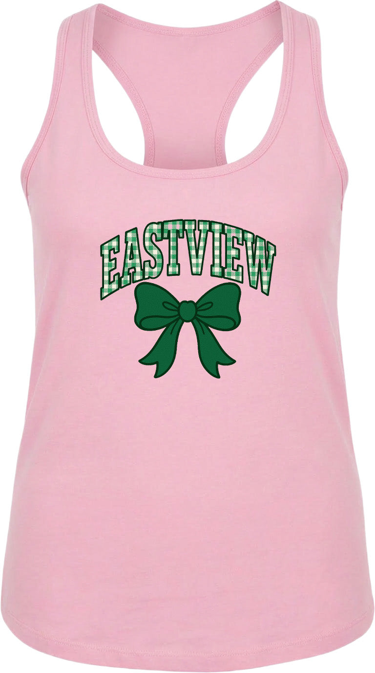 A pink tank top with the text "EASTVIEW" and a green bow graphic printed on it.