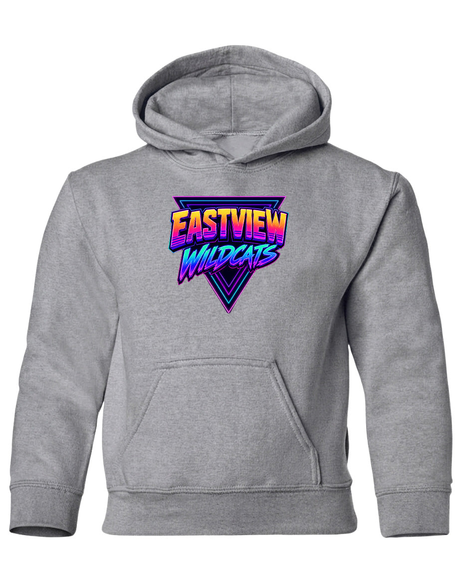 A gray hoodie with a graphic design featuring the text "EASTVIEW WILDCATS" in a colorful, retro-style font.