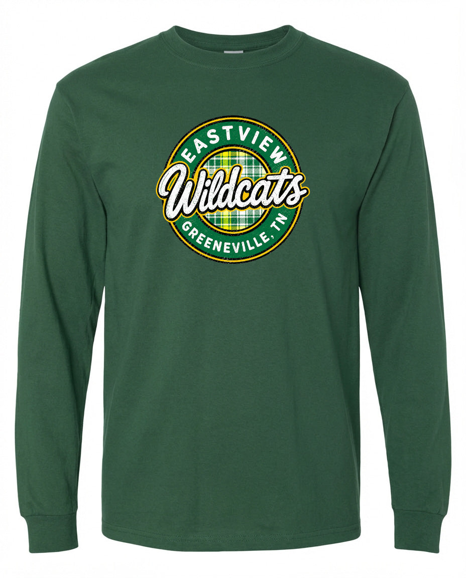 A green long-sleeved shirt with a circular logo on the front.