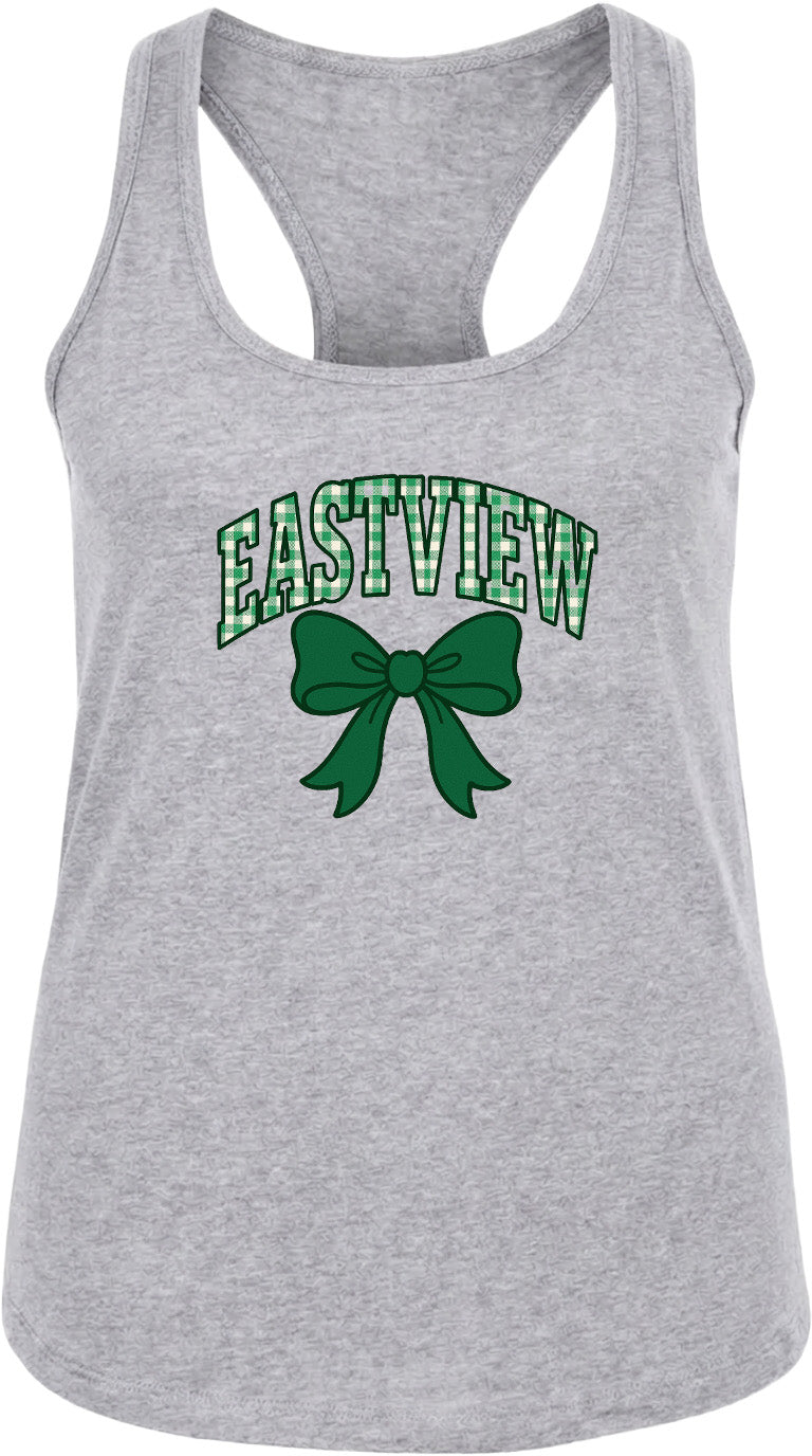 A gray tank top with the text "EASTVIEW" and a green bow graphic printed on it.