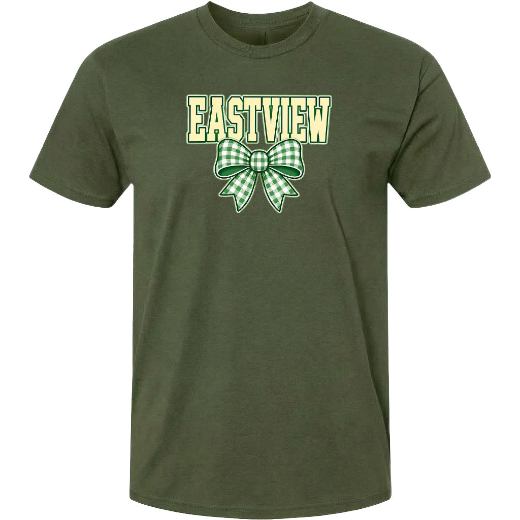 A green t-shirt with a bow and the word "EASTVIEW" printed on it.