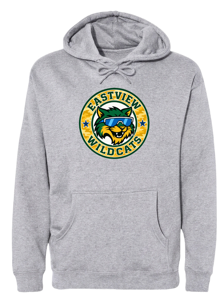 A gray hoodie with a logo featuring a cartoon cat wearing sunglasses and the text "EASTVIEW WILDCATS".