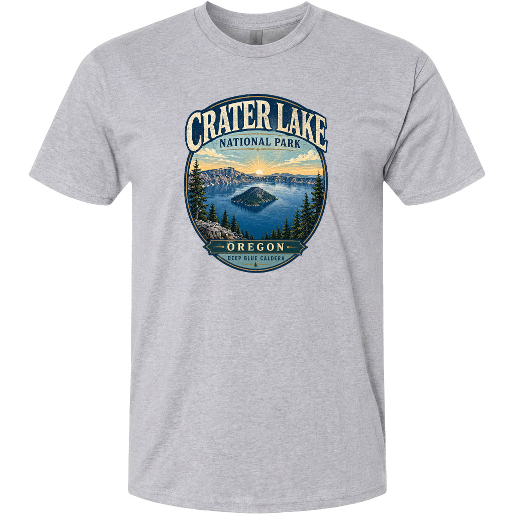A gray t-shirt with a graphic design depicting Crater Lake, a famous natural landmark in Oregon, USA.