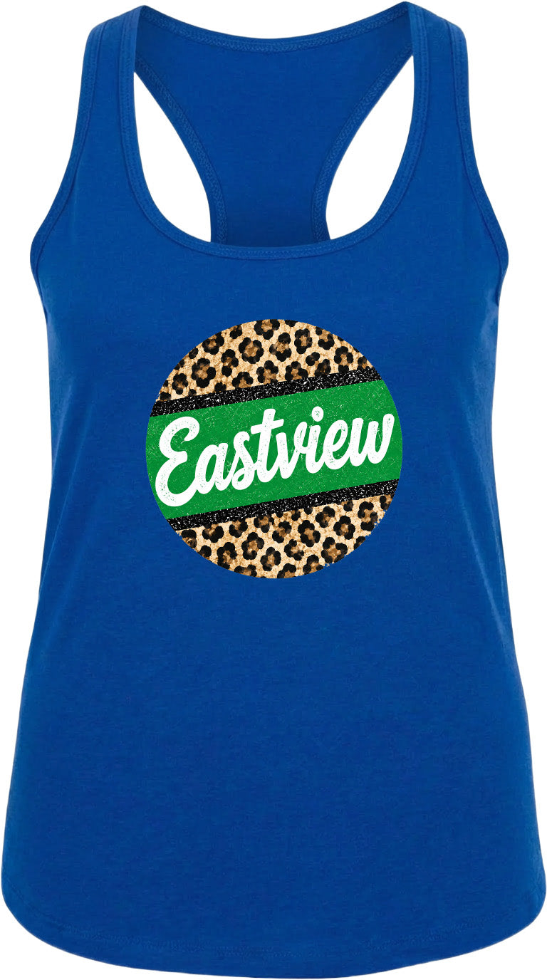 A blue tank top with a leopard print design and the word "Eastview" printed on it.