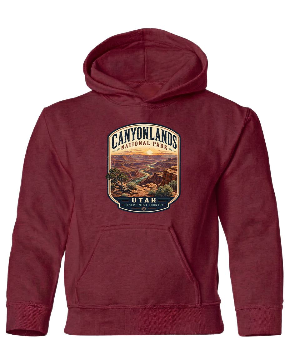 A red hooded sweatshirt with a graphic design depicting the Canyonlands National Park in Utah.