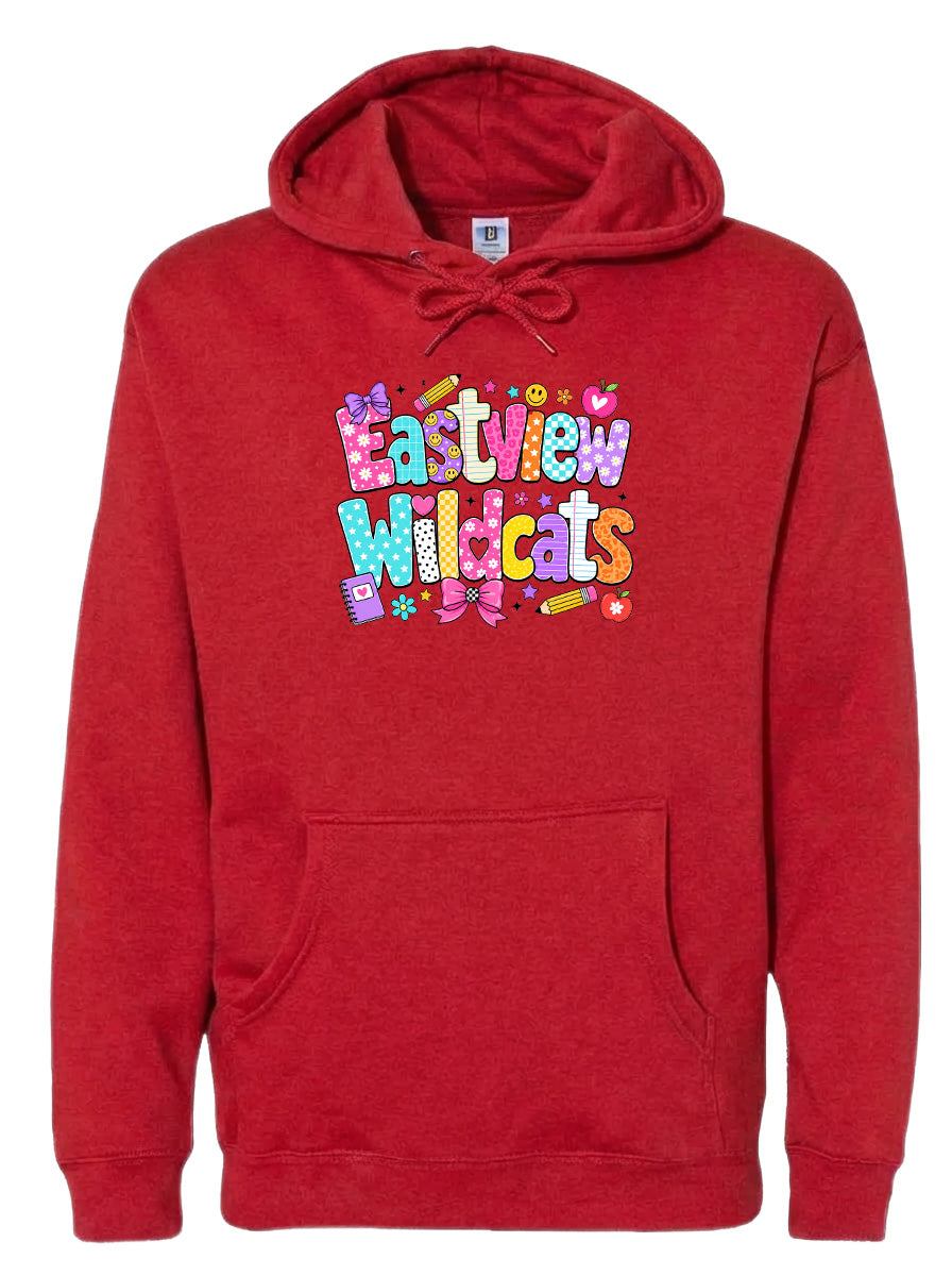 A red hoodie with the text "Eastview Wildcats" printed on it.
