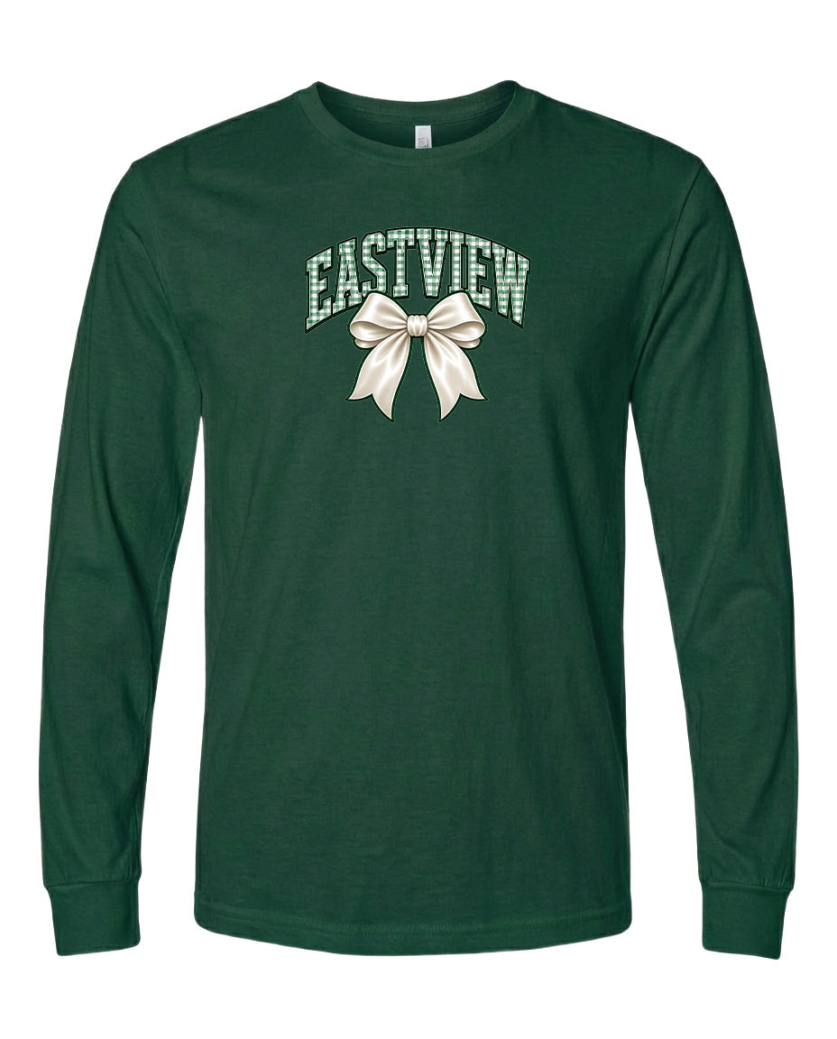 A dark green long-sleeved t-shirt with a white bow graphic printed on it.