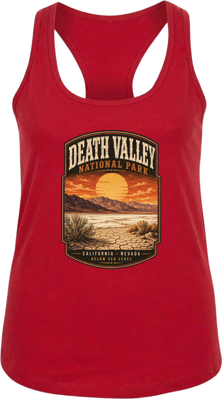 A red tank top with a graphic design depicting Death Valley National Park and the California Sea Level.
