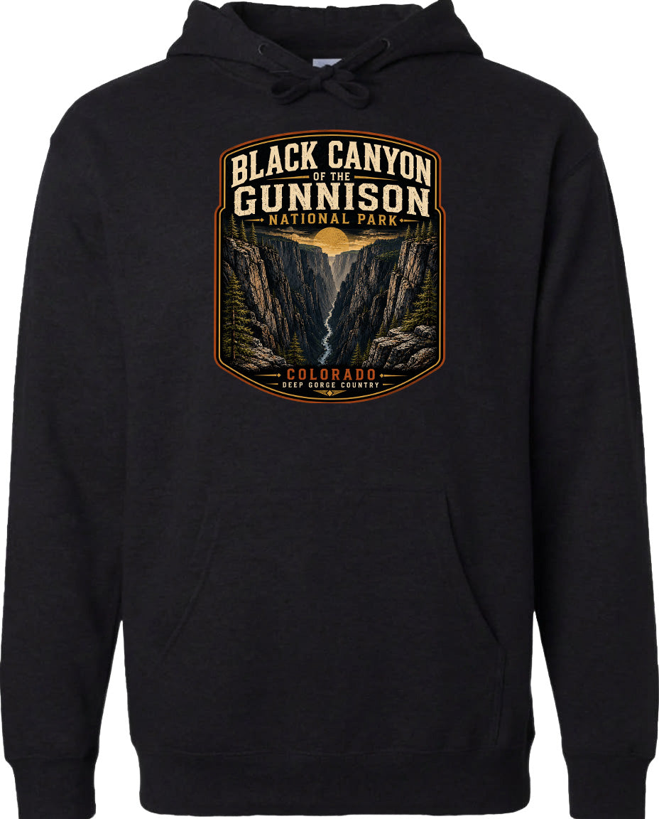 A black hoodie with a graphic design depicting the Black Canyon of the Gunnison National Park in Colorado.