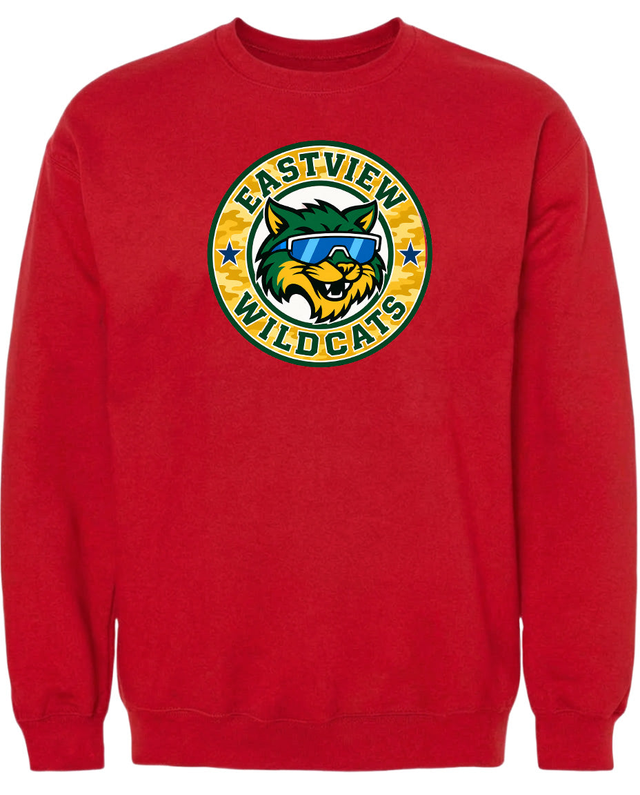 A red sweatshirt with a logo of a cat wearing sunglasses and the text "EASTVIEW WILDCATS" printed on it.