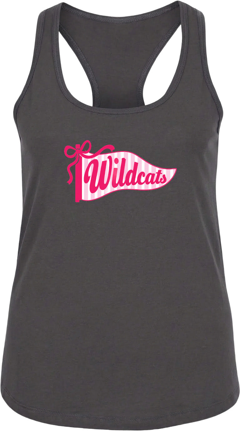 A gray tank top with a pink and white banner that says "Wildcats".