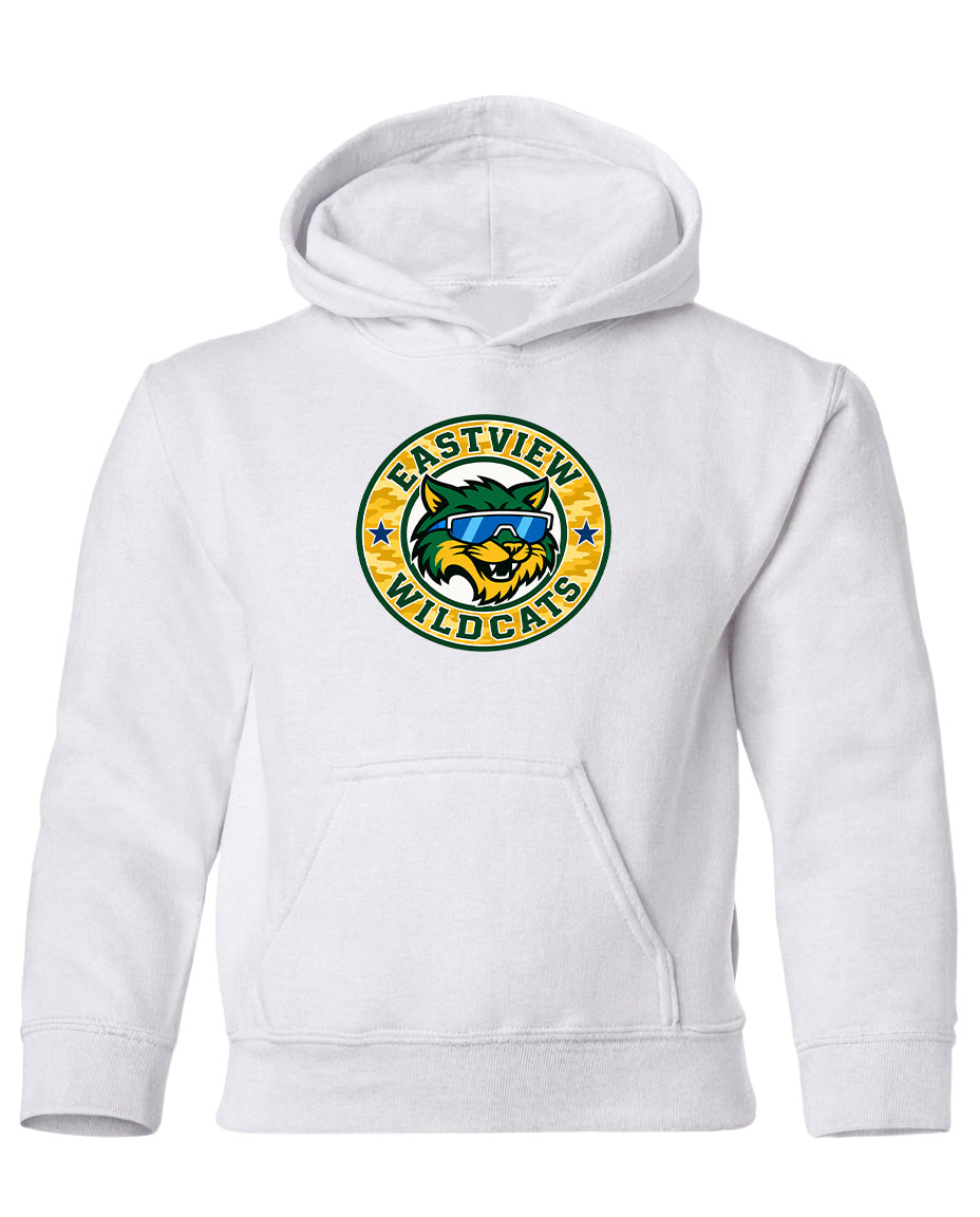 A white hoodie with a graphic design featuring a cat wearing sunglasses and the text "EASTVIEW WILD CATS" printed on it.