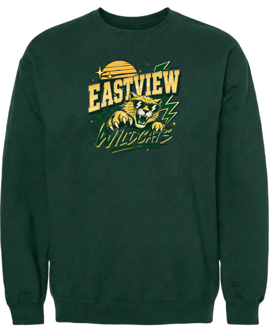 A dark green sweatshirt with a graphic design featuring a tiger and the text "EASTVIEW WILDCATS" printed on it.