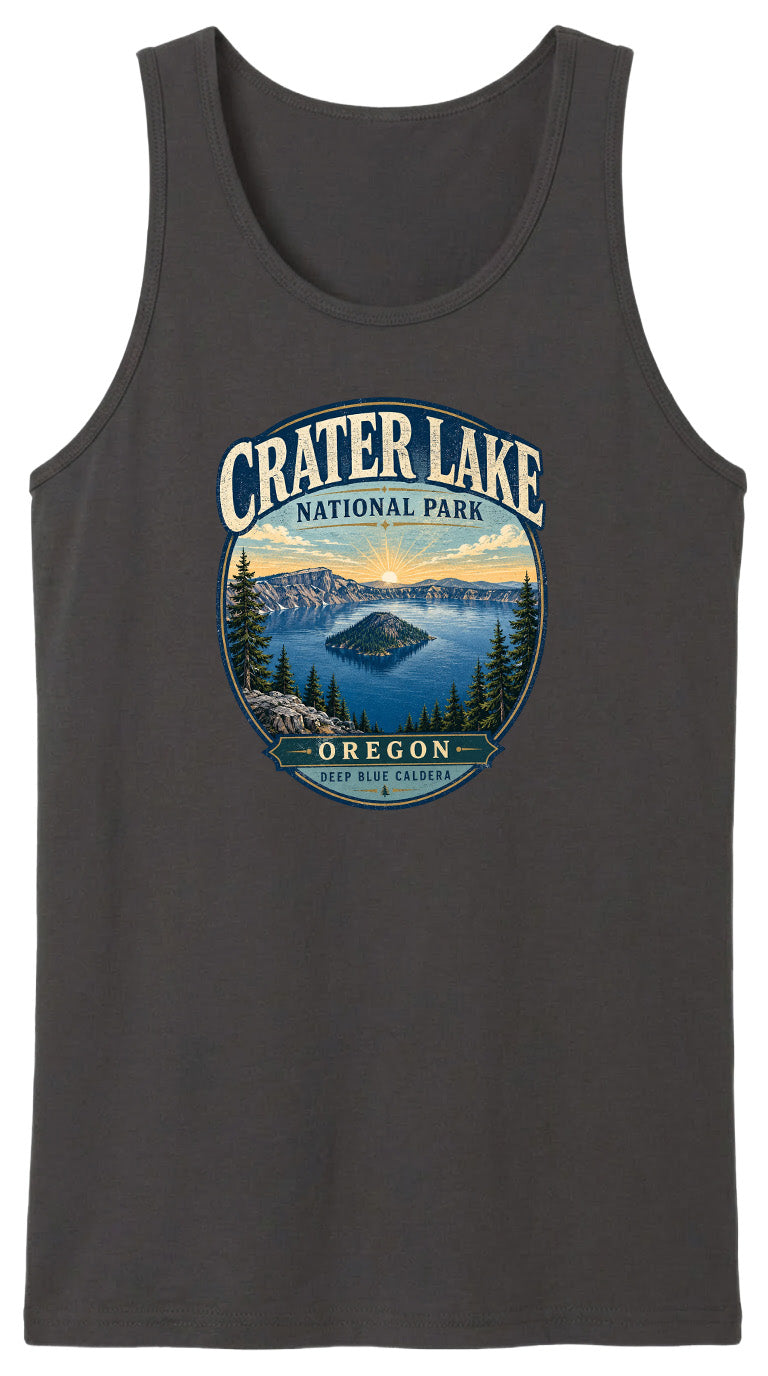 A black tank top with a graphic design depicting Crater Lake National Park in Oregon.
