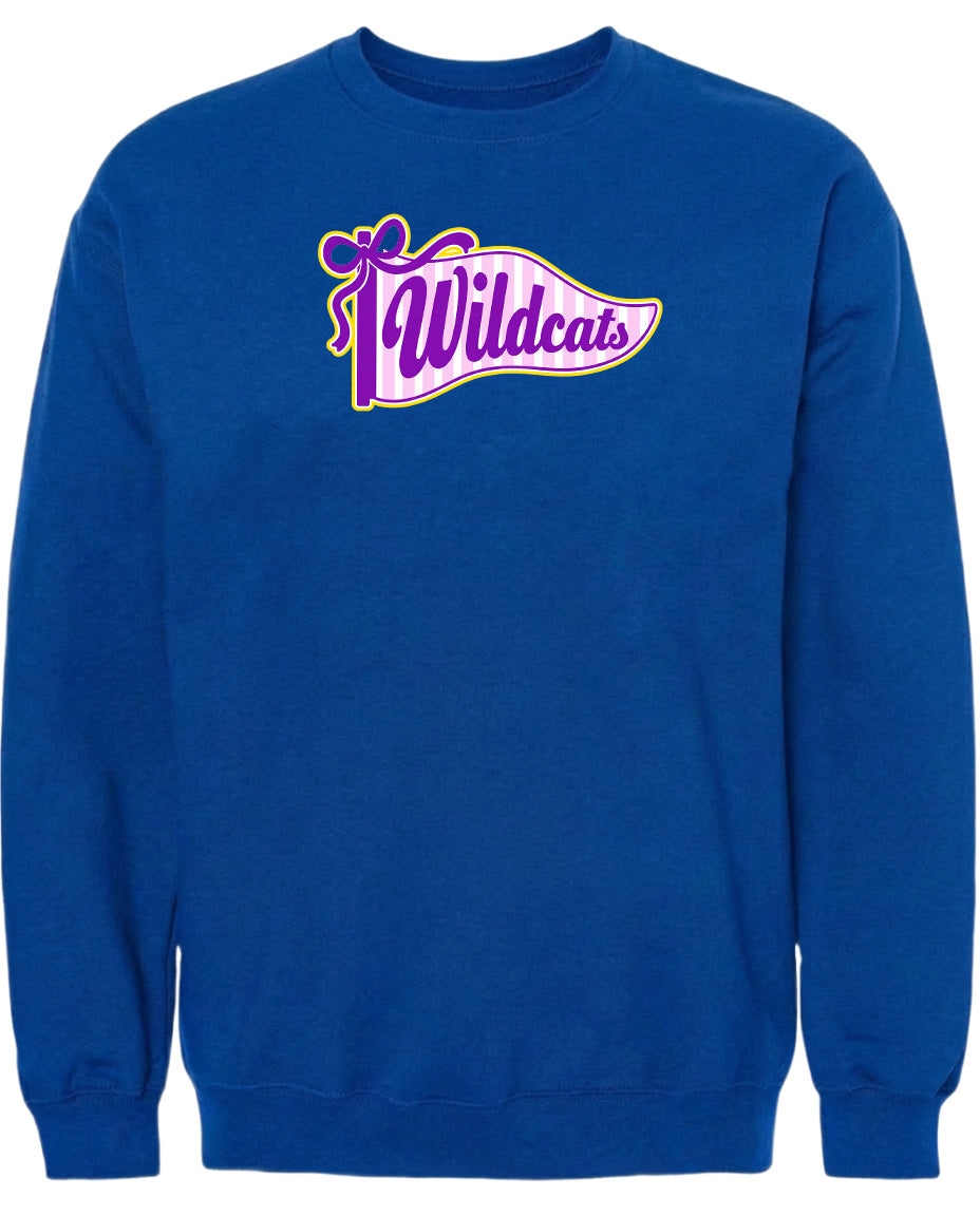 A blue sweatshirt with a graphic design featuring the word "Wildcats" in purple and yellow colors.