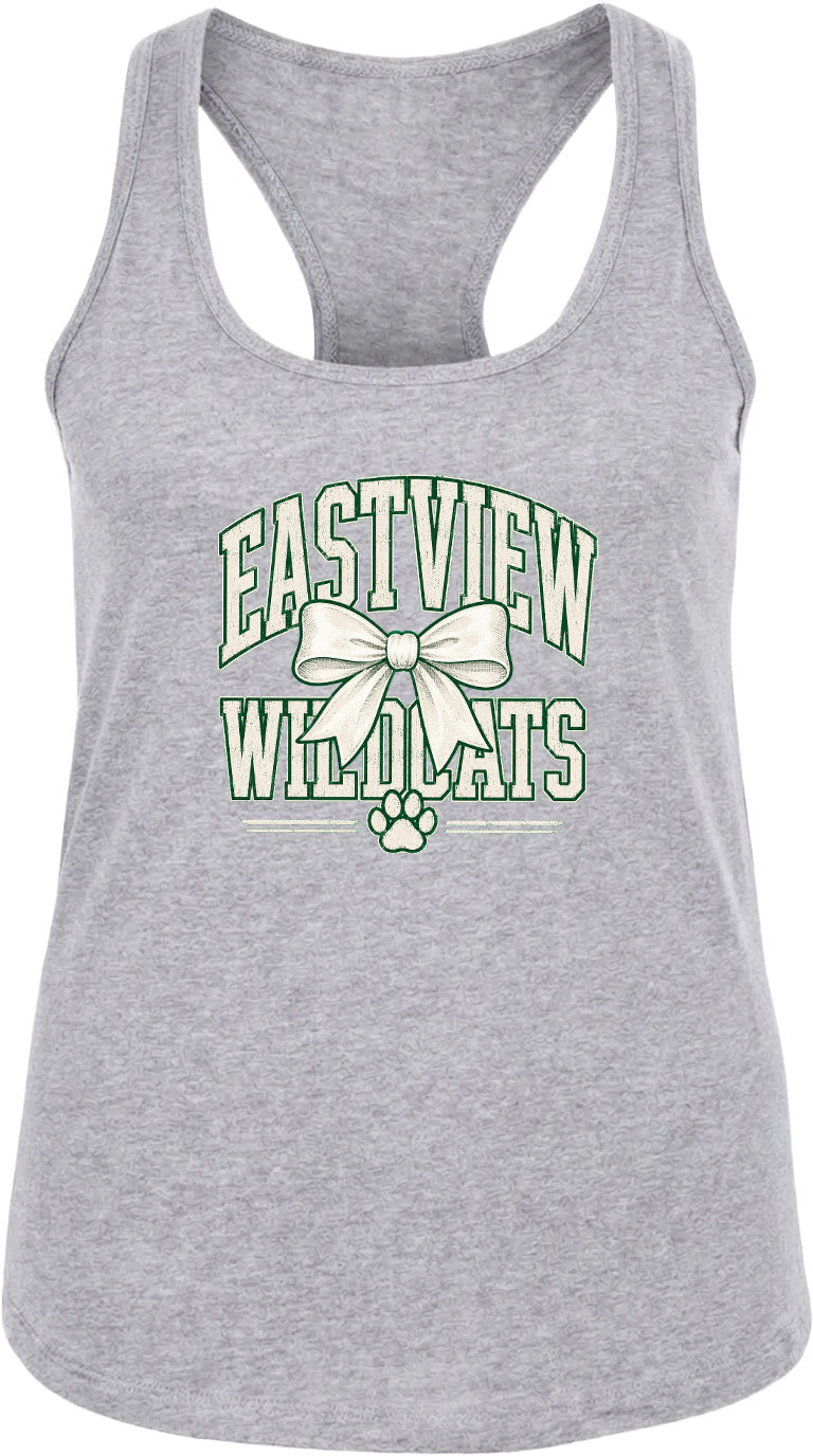 A gray tank top with a graphic design featuring the text "EASTVIEW WILDCATS" and a bow.